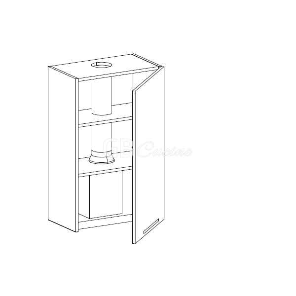 Meuble Haut  hotte à intégrer,  1 porte charnières à droite, 2 étagères