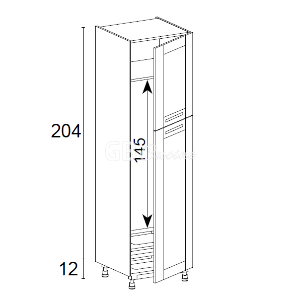 Meuble Colonne, réfrigérateur,  2 portes charnières à droite, 1 étagère