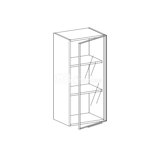 Meuble Haut,  1 porte  vitrine charnières à gauche, 2 étagères